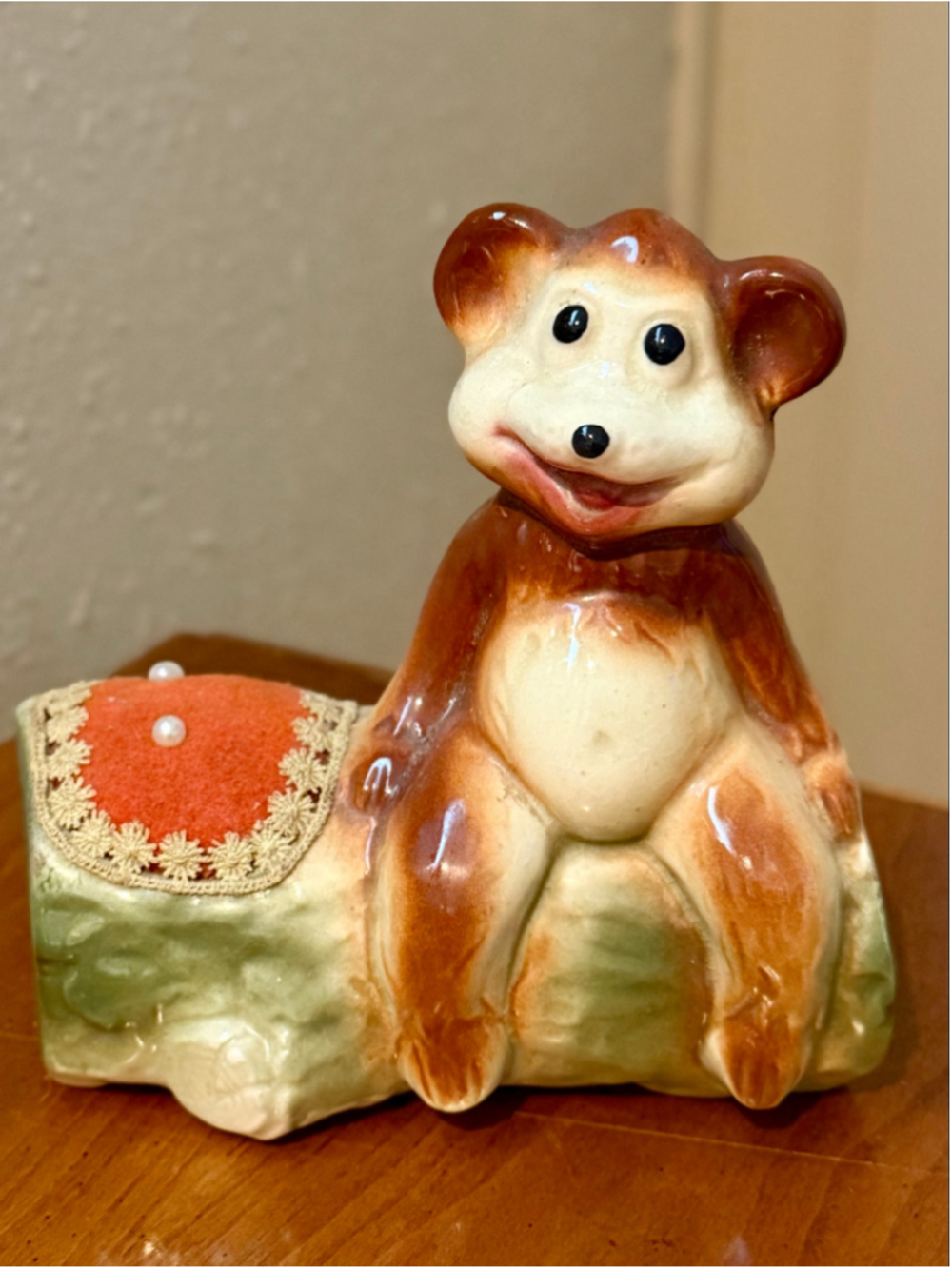 Vintage Ceramic Bear on Log Pin Cushion Figurine Lace Trim Pearl Pins Sewing